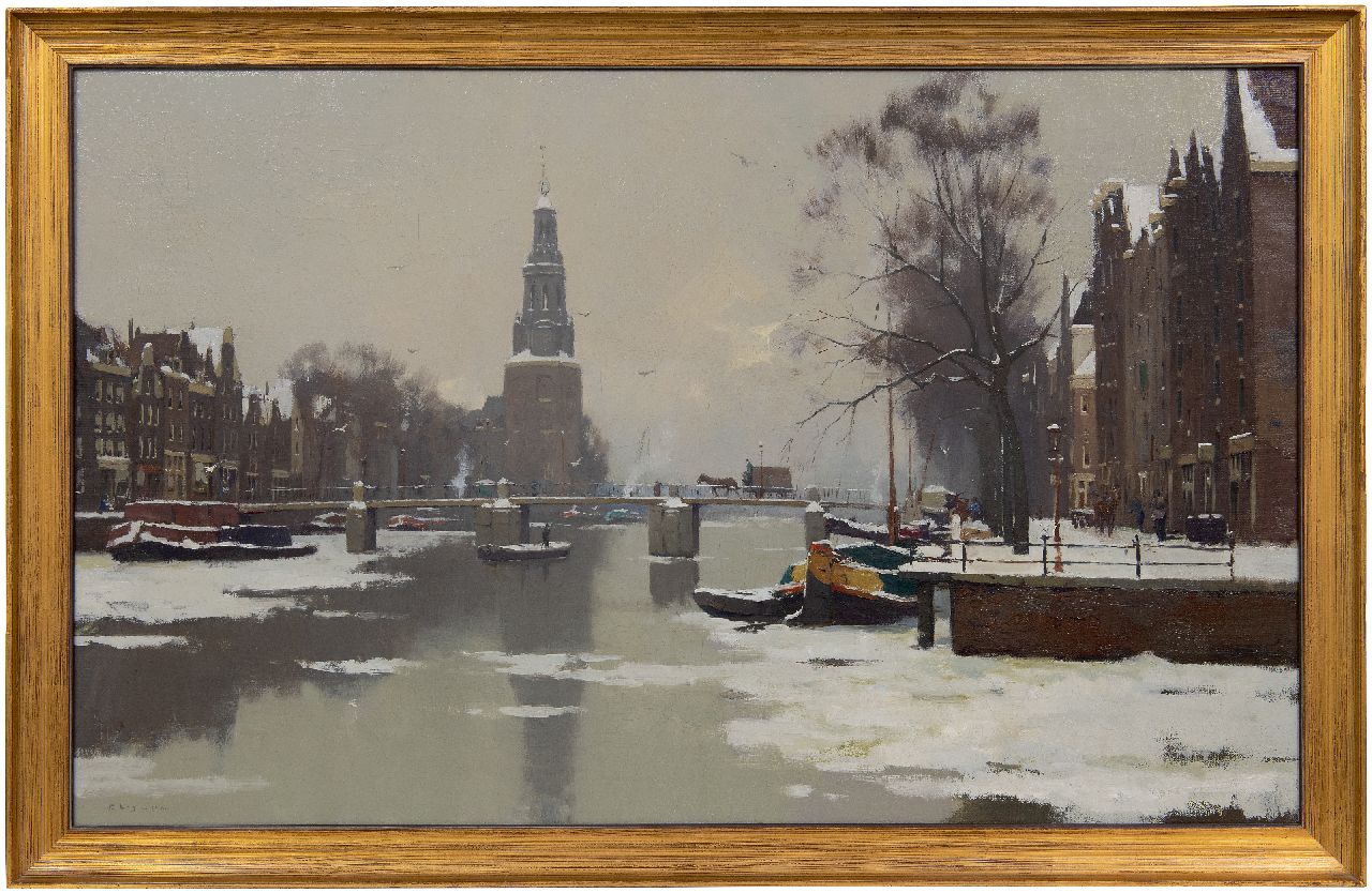 Ligtelijn E.J.  | Evert Jan Ligtelijn, Winter view of the Montelbaanstoren in Amsterdam, oil on canvas 56.8 x 90.6 cm, signed l.l.