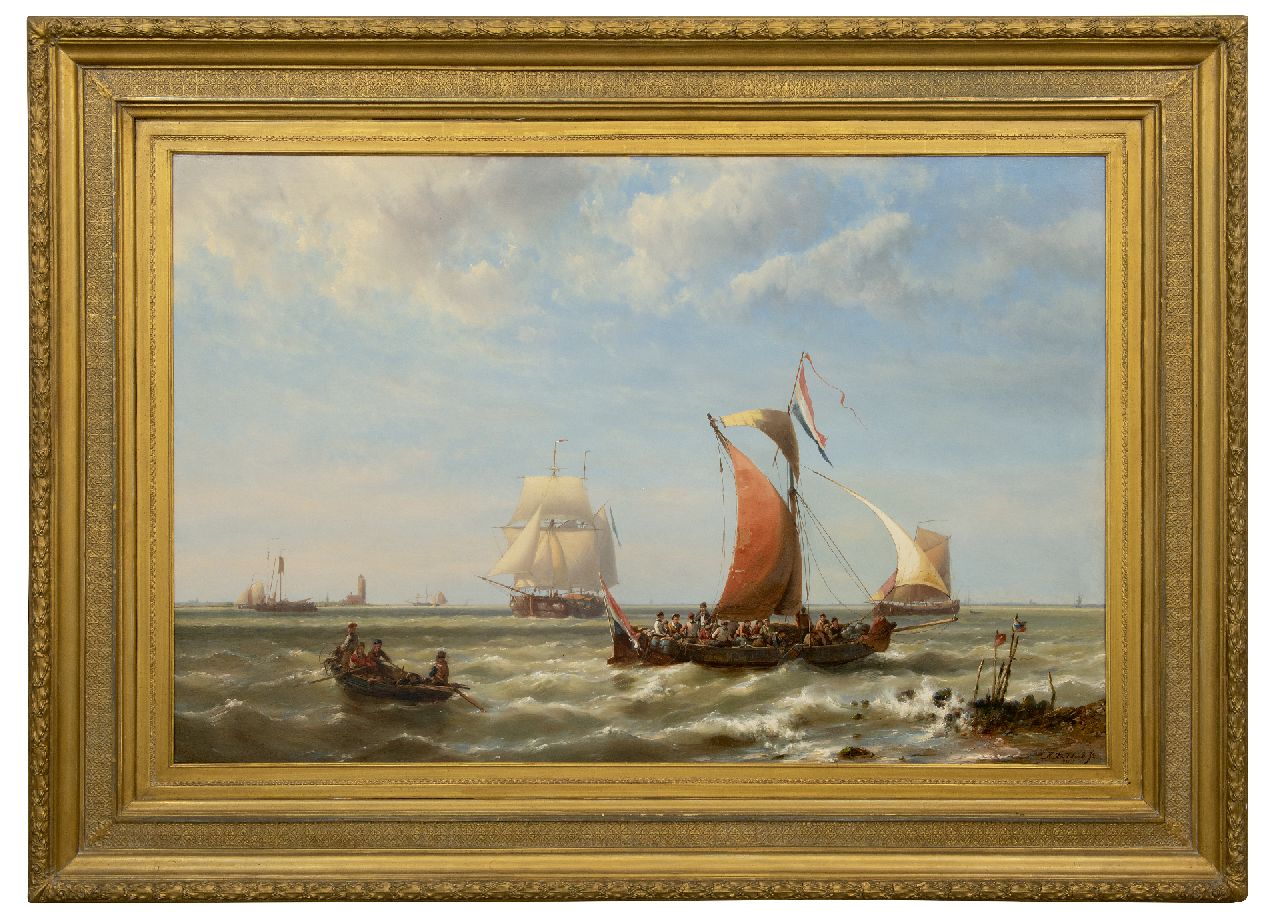 Koekkoek jr. H.  | Hermanus Koekkoek jr., Pleziervaart langs de kust, olieverf op paneel 78,4 x 120,3 cm, gesigneerd rechtsonder en gedateerd 1868