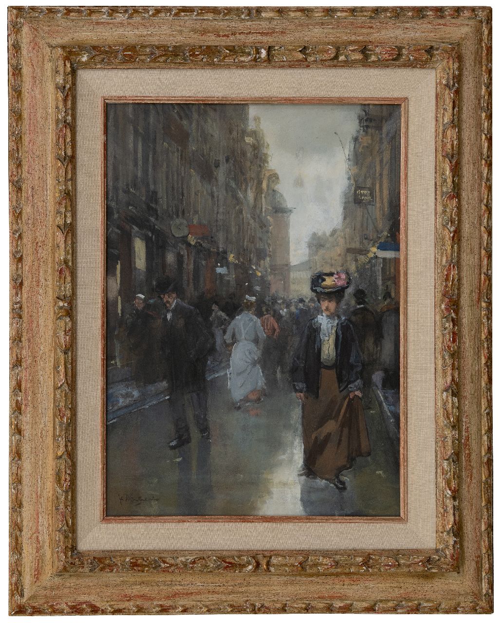 Arntzenius P.F.N.J.  | Pieter Florentius Nicolaas Jacobus 'Floris' Arntzenius | Aquarellen en tekeningen te koop aangeboden | Drukbevolkte Spuistraat in Den Haag, aquarel op papier 41,6 x 30,7 cm, gesigneerd linksonder