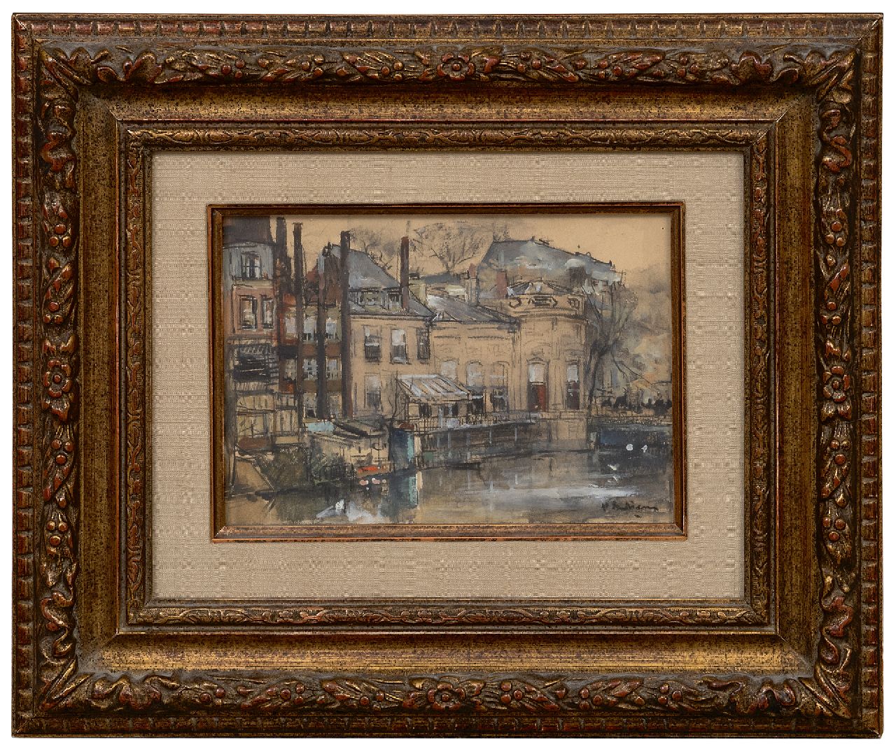 Arntzenius P.F.N.J.  | Pieter Florentius Nicolaas Jacobus 'Floris' Arntzenius | Aquarellen en tekeningen te koop aangeboden | Gezicht op achterzijde Binnenhof, zwart krijt en aquarel op papier 11,6 x 16,6 cm, gesigneerd rechtsonder