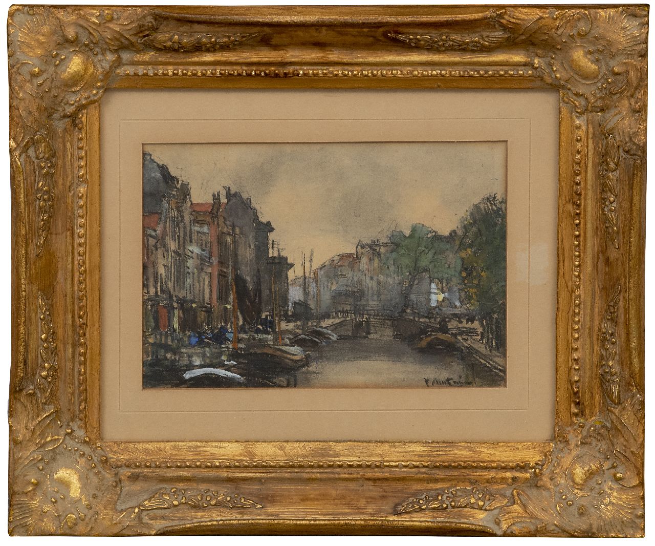 Arntzenius P.F.N.J.  | Pieter Florentius Nicolaas Jacobus 'Floris' Arntzenius | Aquarellen en tekeningen te koop aangeboden | Gezicht op een grachtje, zwart krijt en aquarel op papier 13,1 x 19,2 cm, gesigneerd rechtsonder