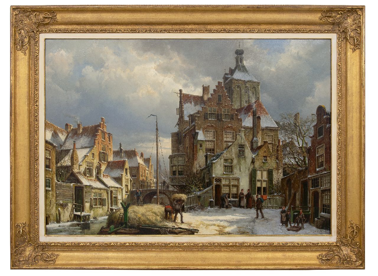 Koekkoek W.  | Willem Koekkoek, Winters stadsgezicht Culemborg, olieverf op doek 86,5 x 125,3 cm, gesigneerd rechtsonder en ca. 1885