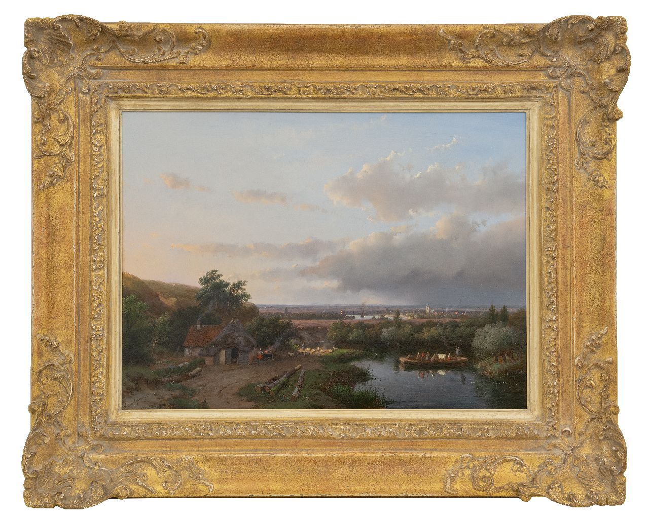 Schelfhout A.  | Andreas Schelfhout | Schilderijen te koop aangeboden | Panoramisch zomerlandschap met overzetveer, olieverf op paneel 37,3 x 50,6 cm, gesigneerd linksonder en gedateerd '57