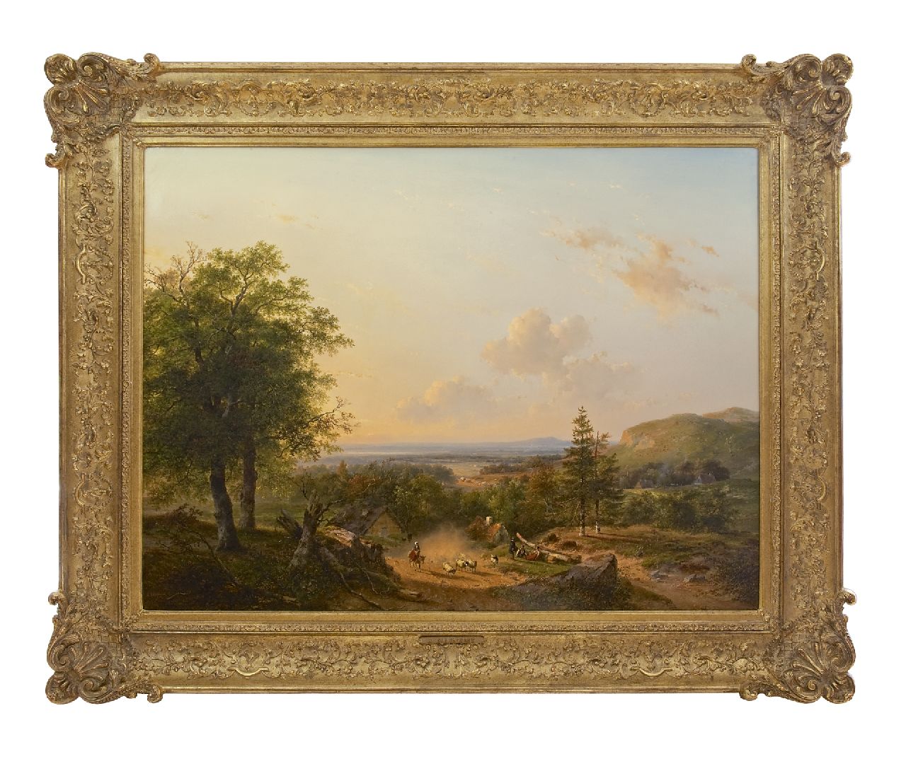 Schelfhout A.  | Andreas Schelfhout, Schapenhoedster met kudde in een glooiend zomerlandschap, olieverf op doek 110,4 x 146,0 cm, gesigneerd linksonder en gedateerd 1849