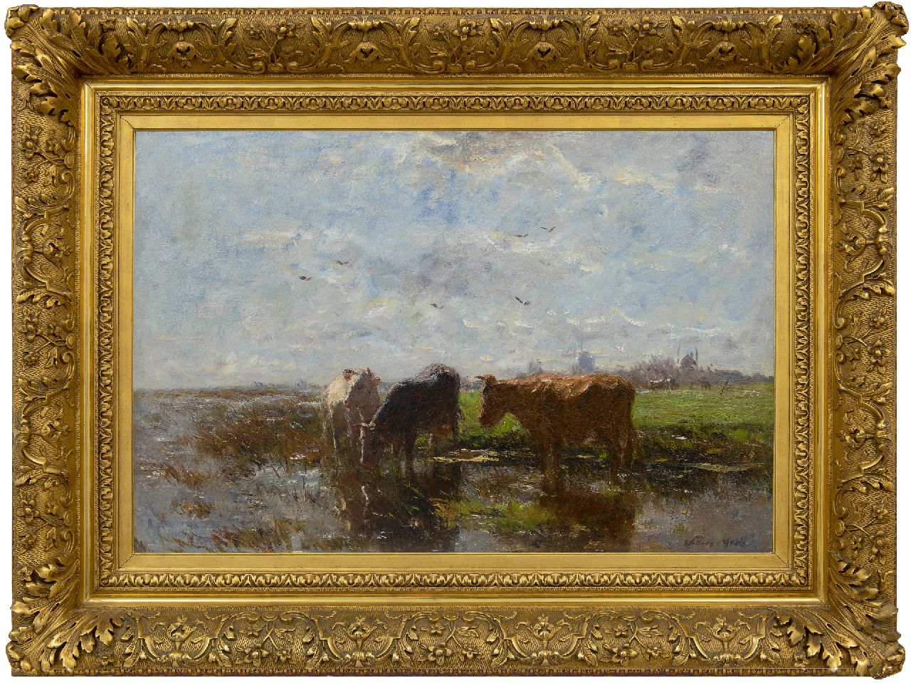 Maris W.  | Willem Maris, Drinkende koeien in een polderlandschap, olieverf op doek 58,2 x 85,2 cm, gesigneerd rechtsonder