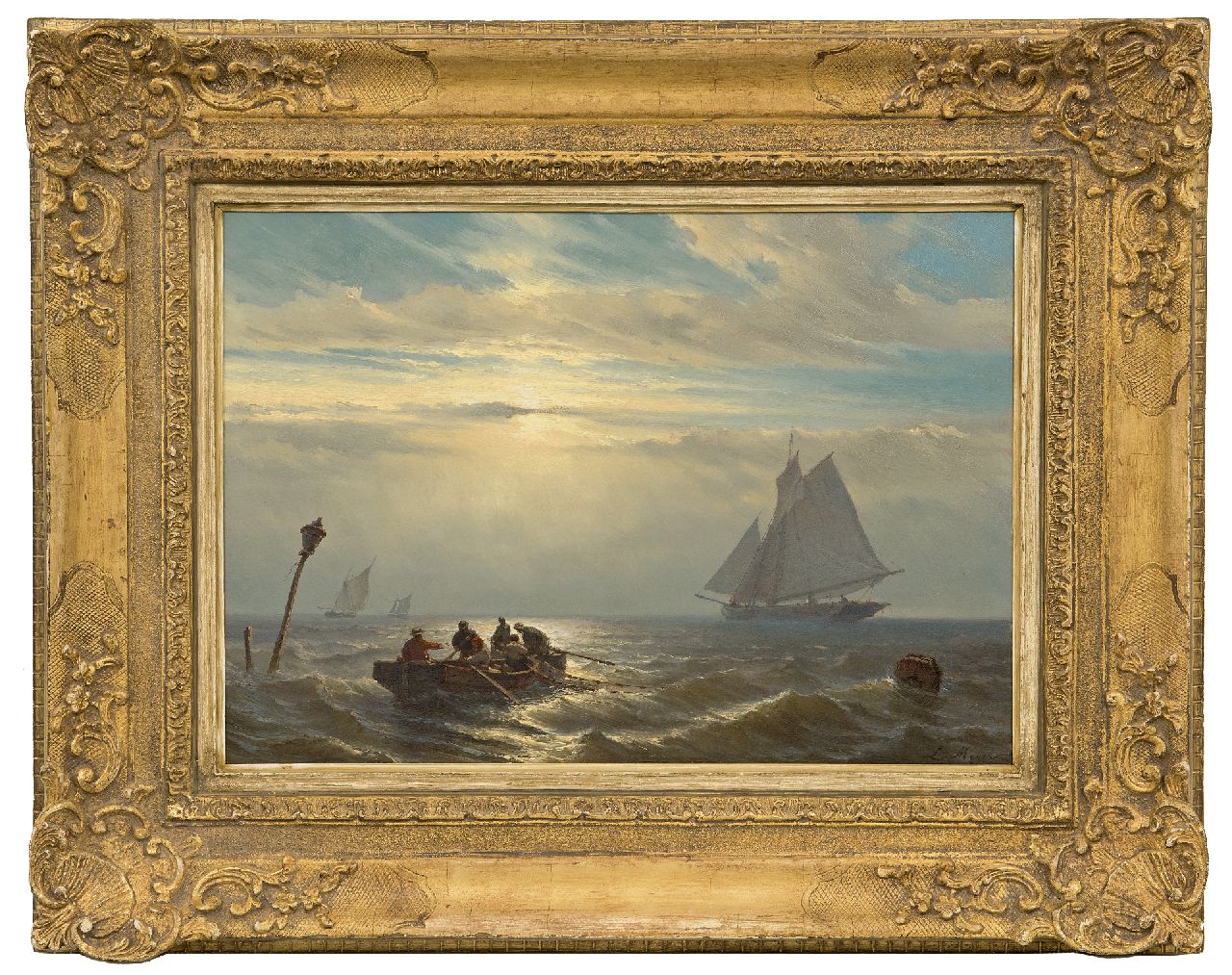 Meijer J.H.L.  | Johan Hendrik 'Louis' Meijer | Schilderijen te koop aangeboden | Avondstemming op zee, olieverf op paneel 30,7 x 42,1 cm, gesigneerd rechtsonder