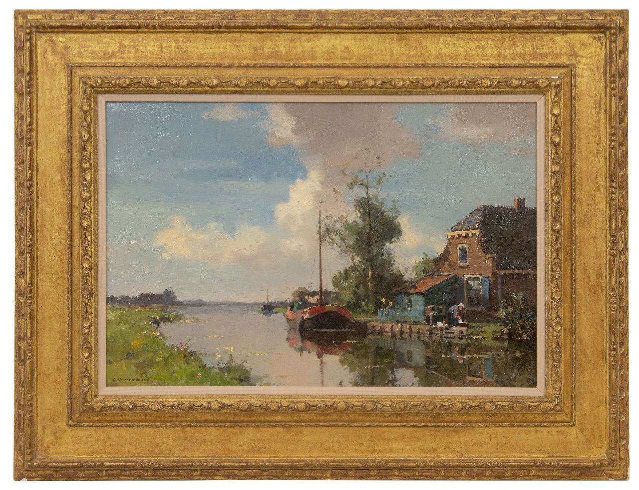 Vreedenburgh C.  | Cornelis Vreedenburgh | Schilderijen te koop aangeboden | Boerderij aan het water met afgemeerde tjalk, olieverf op doek 40,5 x 60,5 cm, gesigneerd linksonder