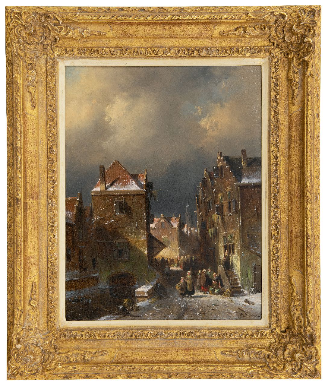 Leickert C.H.J.  | 'Charles' Henri Joseph Leickert | Schilderijen te koop aangeboden | Drukbevolkt winters straatje, olieverf op paneel 37,2 x 28,7 cm, gesigneerd rechtsonder en te dateren ca. 1855