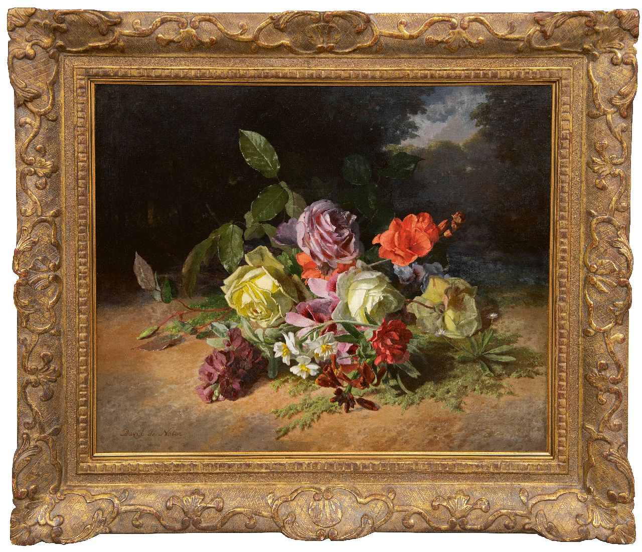 Noter D.E.J. de | 'David' Emile Joseph de Noter | Schilderijen te koop aangeboden | Rozenboeket en zomerbloemen op de bosgrond, olieverf op doek 46,3 x 55,1 cm, gesigneerd linksonder en op het spieraam