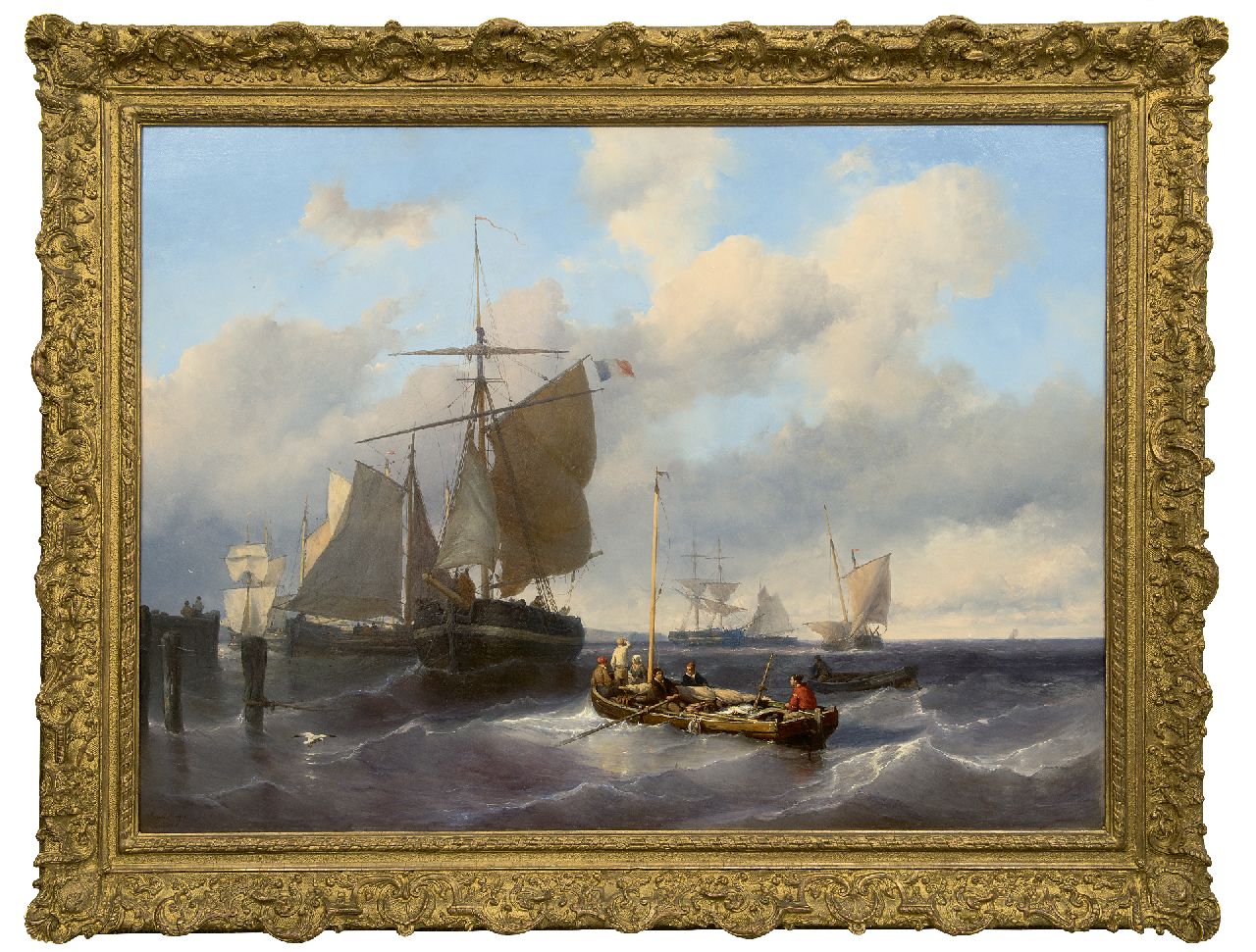 Meijer J.H.L.  | Johan Hendrik 'Louis' Meijer | Schilderijen te koop aangeboden | Het hijsen van de zeilen bij een havenhoofd, olieverf op paneel 79,8 x 110,5 cm, gesigneerd linksonder