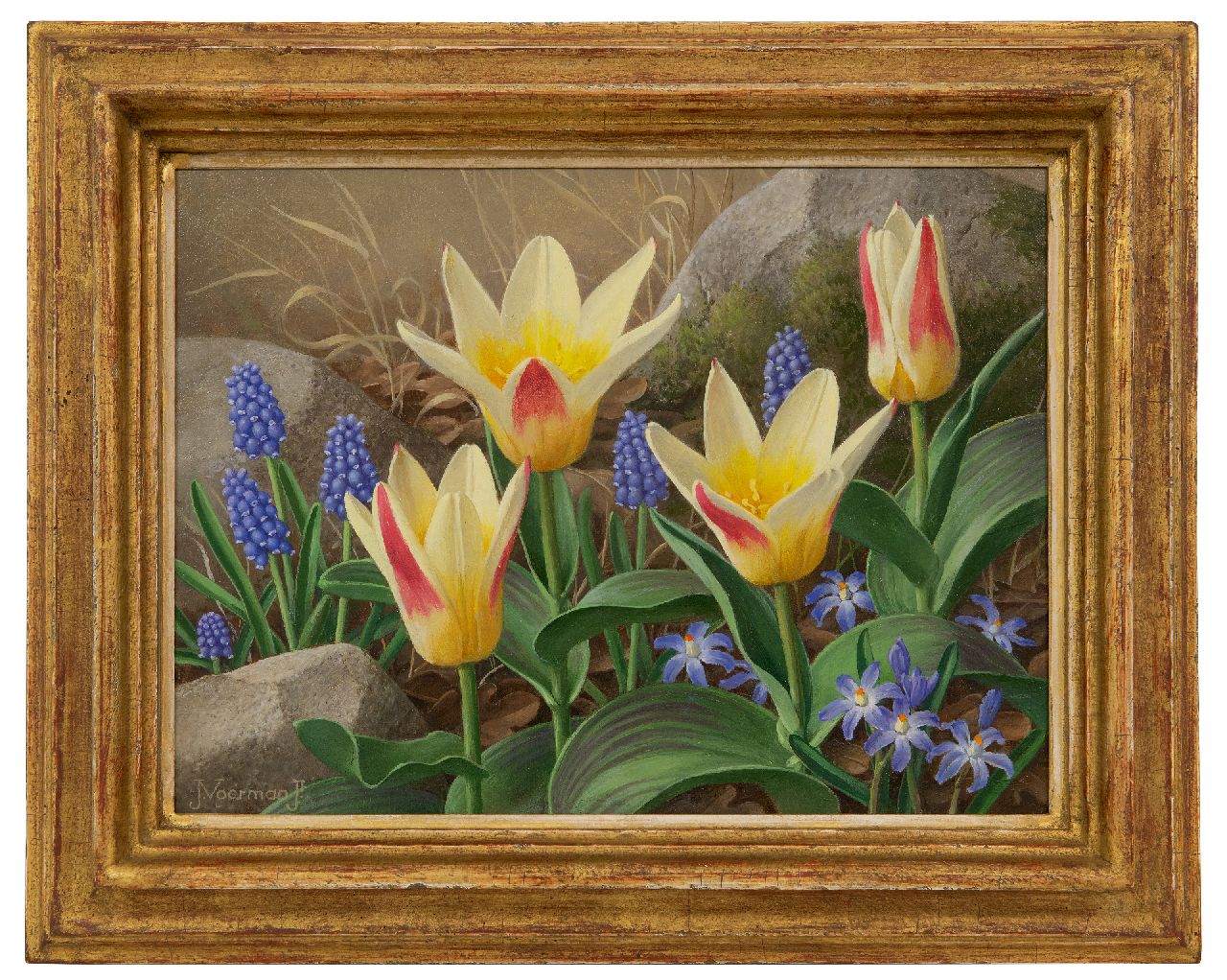 Voerman jr. J.  | Jan Voerman jr. | Schilderijen te koop aangeboden | Tulpen, blauwe druifjes en scilla, olieverf op doek op board 22,4 x 29,9 cm, gesigneerd linksonder