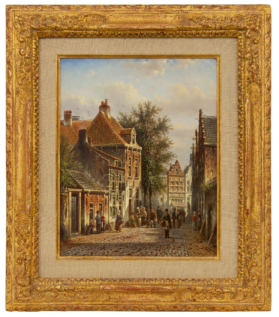 Spohler J.F.  | Johannes Franciscus Spohler | Schilderijen te koop aangeboden | Drukbevolkt Hollands straatje, olieverf op paneel 26,6 x 21,3 cm, gesigneerd rechtsonder