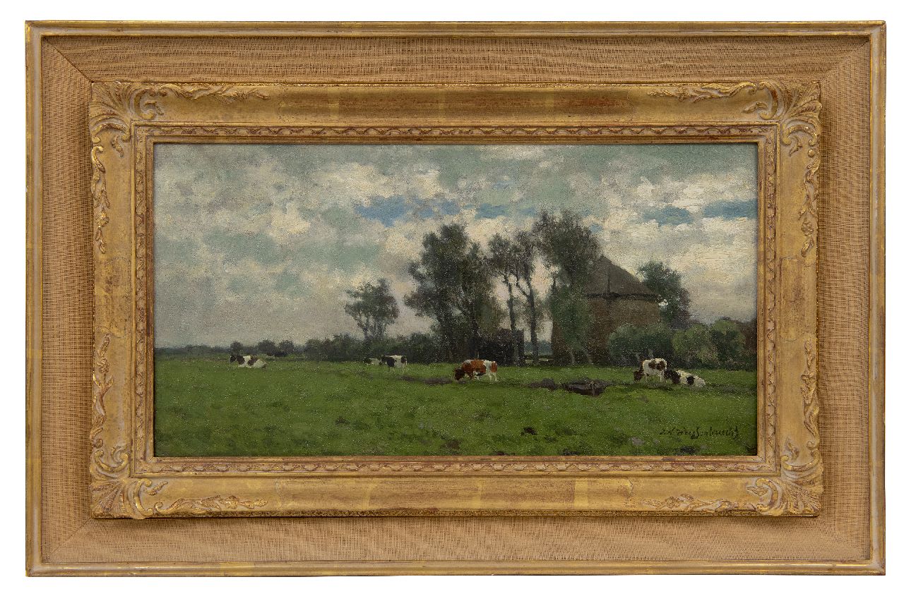 Weissenbruch H.J.  | Hendrik Johannes 'J.H.' Weissenbruch | Schilderijen te koop aangeboden | Grazende koeien bij een hooiberg, olieverf op doek 24,8 x 45,4 cm, gesigneerd rechtsonder