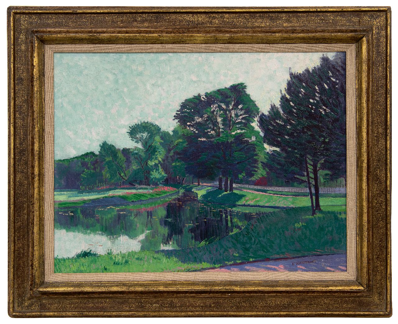 Schuhmacher W.G.C.  | Wijtze Gerrit Carel 'Wim' Schuhmacher | Schilderijen te koop aangeboden | Parklandschap met vijver, olieverf op doek 47,8 x 62,9 cm, gesigneerd rechtsonder en te dateren ca. 1915