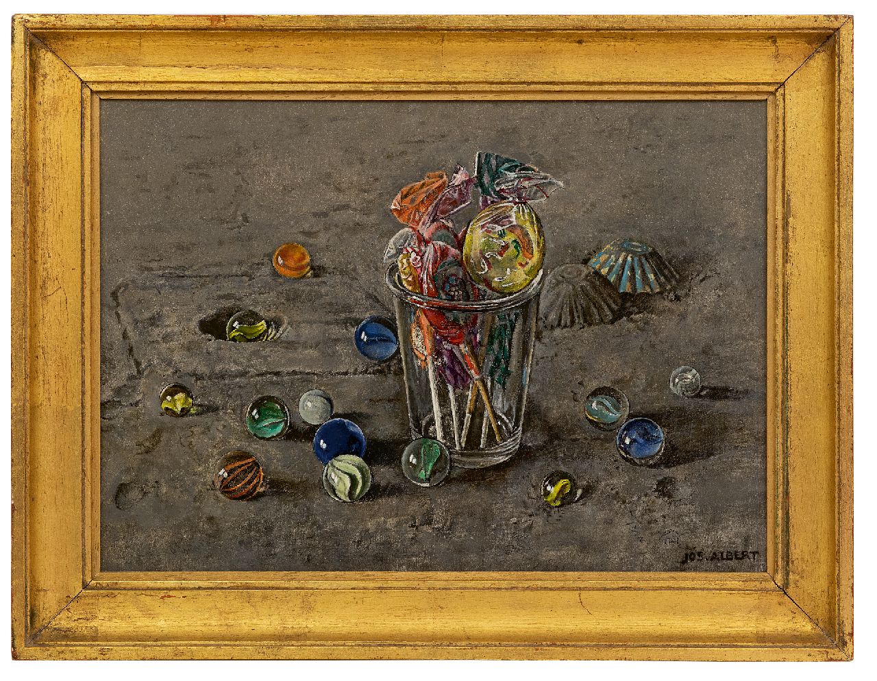Albert J.P.  | Joseph Pierre 'Jos' Albert | Schilderijen te koop aangeboden | Stilleven met snoep en knikkers, olieverf op doek 24,6 x 33,3 cm, gesigneerd rechtsonder