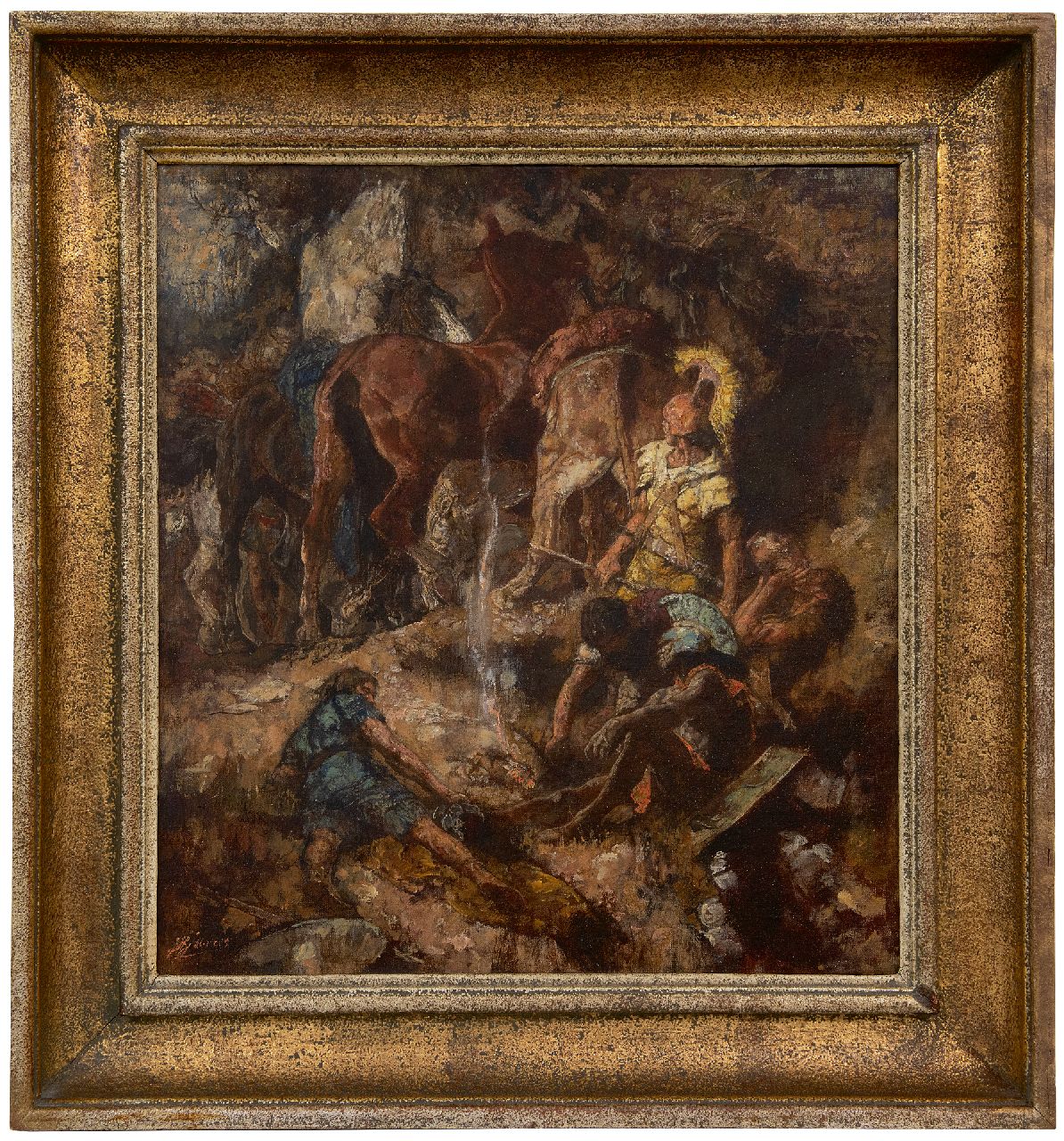 Jurres J.H.  | Johannes Hendricus Jurres | Schilderijen te koop aangeboden | Romeinse soldaten en hun paarden bij een drinkplaats, olieverf op doek 54,0 x 50,0 cm, gesigneerd linksonder
