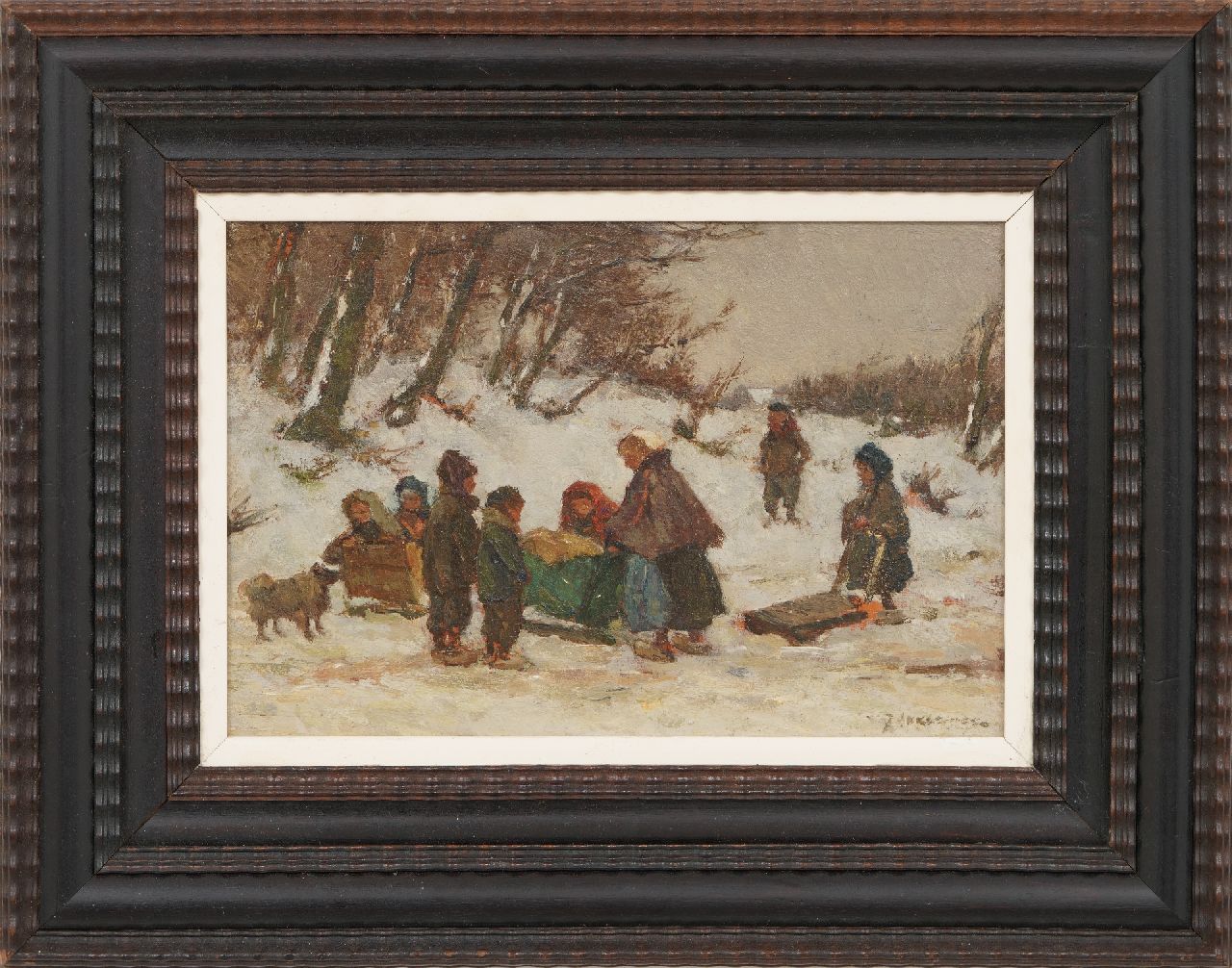 Akkeringa J.E.H.  | 'Johannes Evert' Hendrik Akkeringa | Schilderijen te koop aangeboden | Winterse wandeling met het kindje in de slee, olieverf op paneel 17,0 x 24,6 cm, gesigneerd rechtsonder