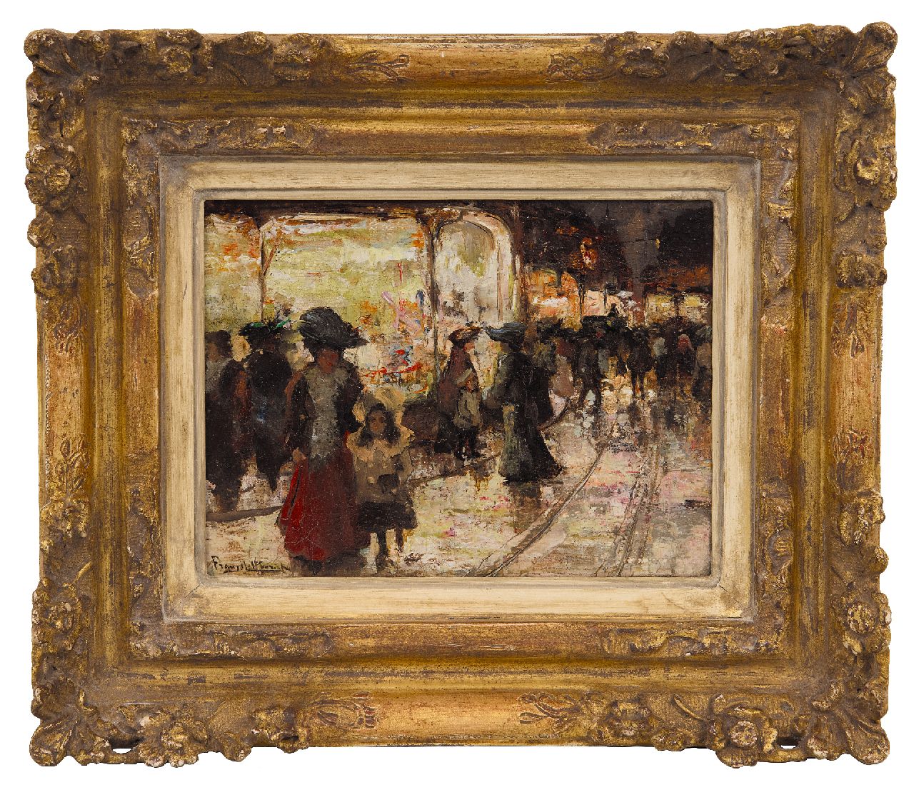 Helfferich F.W.  | Franciscus Willem 'Frans' Helfferich | Schilderijen te koop aangeboden | Winkelen bij avond, Den Haag, olieverf op paneel 12,0 x 16,0 cm, gesigneerd linksonder