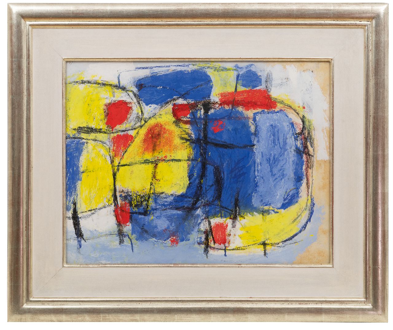 Nanninga J.  | Jacob 'Jaap' Nanninga | Aquarellen en tekeningen te koop aangeboden | Compositie in blauw, geel, rood; verso: Compositie, krijt en gouache op papier 40,9 x 54,0 cm, gesigneerd verso en te dateren ca. 1958