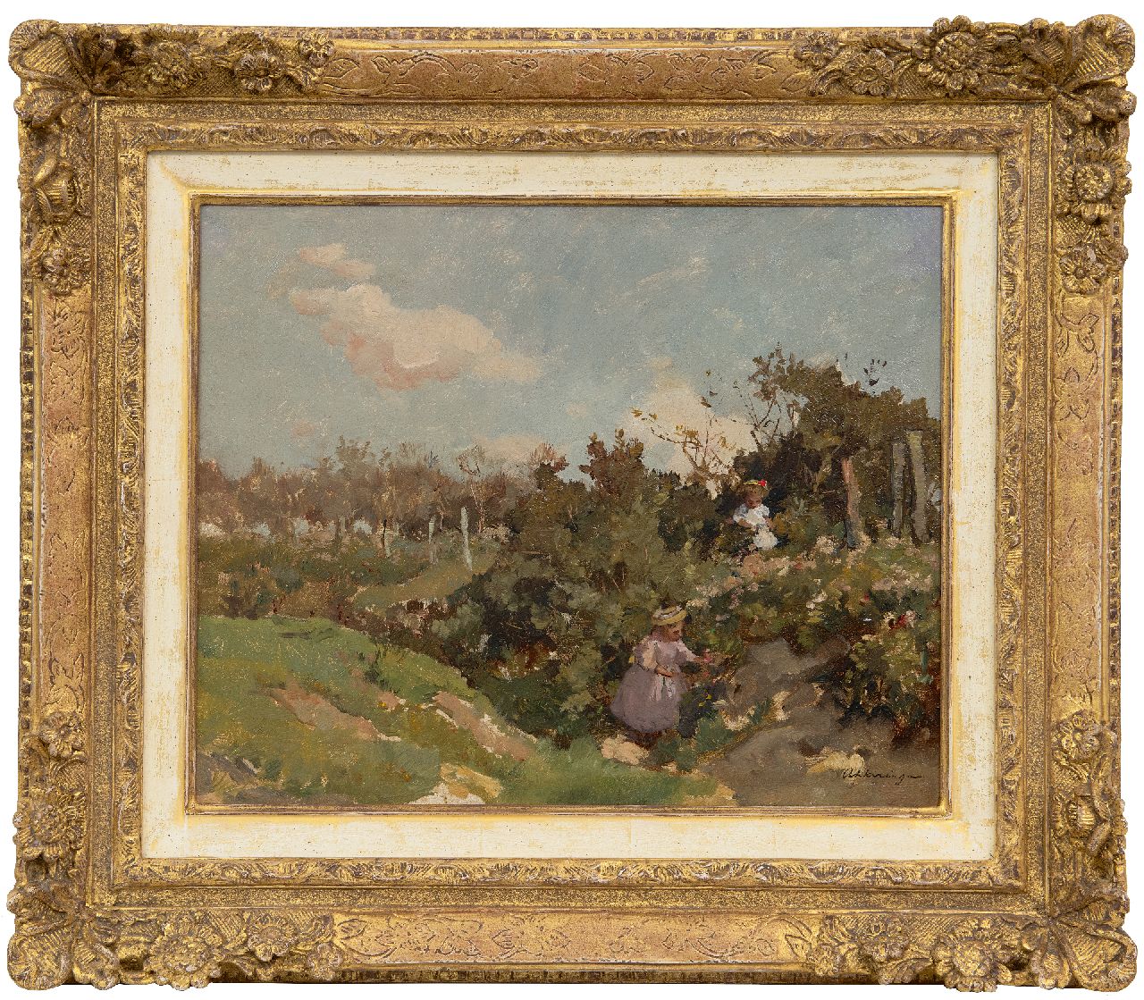 Akkeringa J.E.H.  | 'Johannes Evert' Hendrik Akkeringa | Schilderijen te koop aangeboden | Bloemen plukkken in de duinen, olieverf op paneel 32,3 x 40,0 cm, gesigneerd rechtsonder