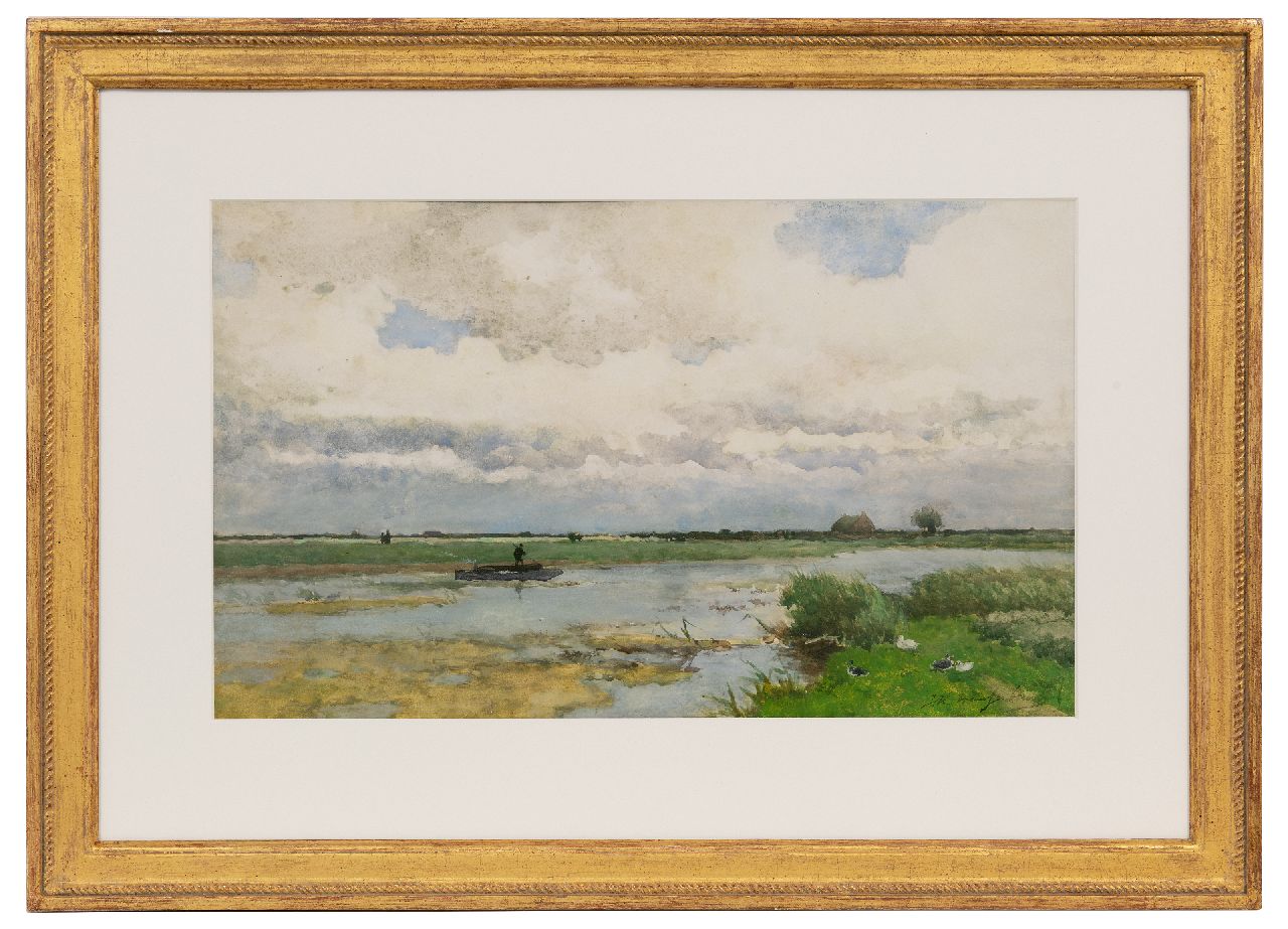 Weissenbruch H.J.  | Hendrik Johannes 'J.H.' Weissenbruch | Aquarellen en tekeningen te koop aangeboden | Plassengezicht met punter, aquarel op papier 32,5 x 54,0 cm, gesigneerd rechtsonder Weissenbruch H.J.  | Hendrik Johannes 'J.H.' Weissenbruch | Aquarellen en tekeningen te koop aangeboden | Plassengezicht met punter, aquarel op papier 32,5 x 54,0 cm, gesigneerd rechtsonder