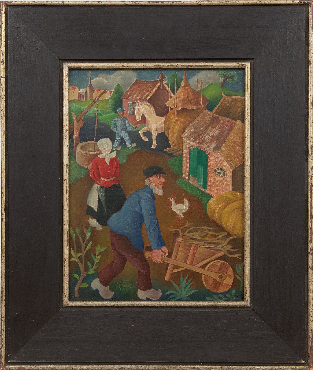 Schrikkel J.L.  | Johannes Lodewijk 'Louis' Schrikkel, Bedrijvigheid op de boerderij, olieverf op doek op paneel 35,5 x 27,1 cm, gesigneerd linksonder en gedateerd 1936