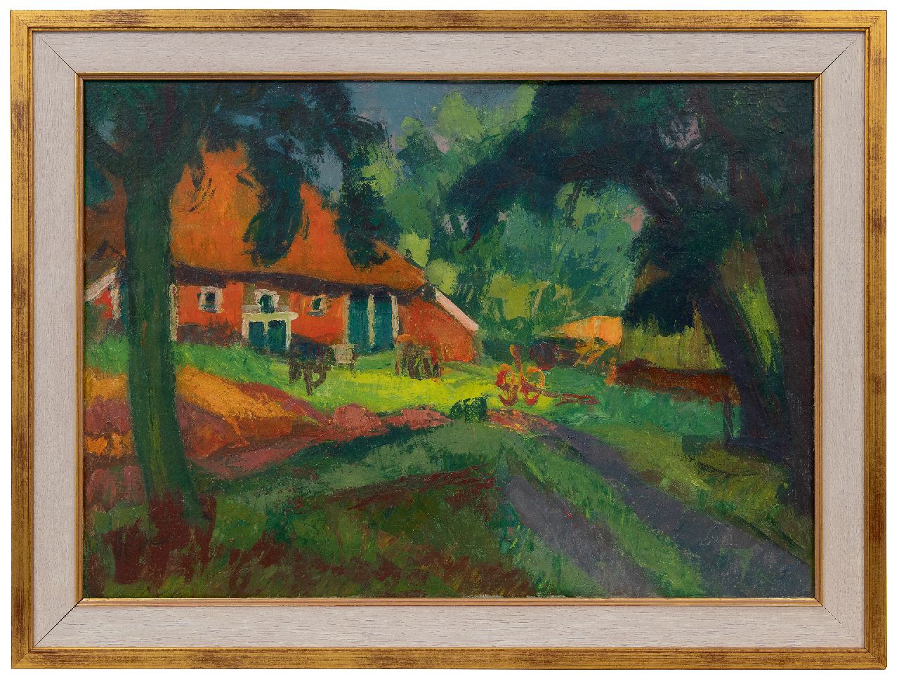 Vries J. de | Jannes de Vries | Schilderijen te koop aangeboden | Boerderij te Westerwolde; VERSO: Gezicht op de Waal, wasverf op doek 50,1 x 69,4 cm, gesigneerd verso en te dateren ca. 1960