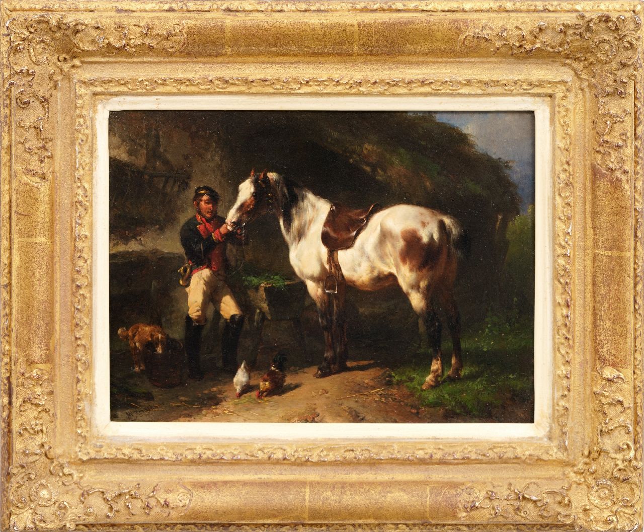 Verschuur W.  | Wouterus Verschuur | Schilderijen te koop aangeboden | Postiljon met zijn paard, olieverf op paneel 19,5 x 26,1 cm, gesigneerd linksonder