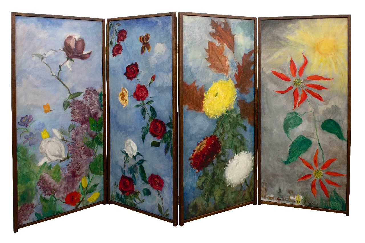 Wijngaerdt P.T. van | Petrus Theodorus 'Piet' van Wijngaerdt | Schilderijen te koop aangeboden | 4-delig kamerscherm: de vier seizoenen, olieverf op doek 145,0 x 61,2 cm, gesigneerd linksonder, rechtsonder en middenonder en totaal afmeting: 145 x 245cm