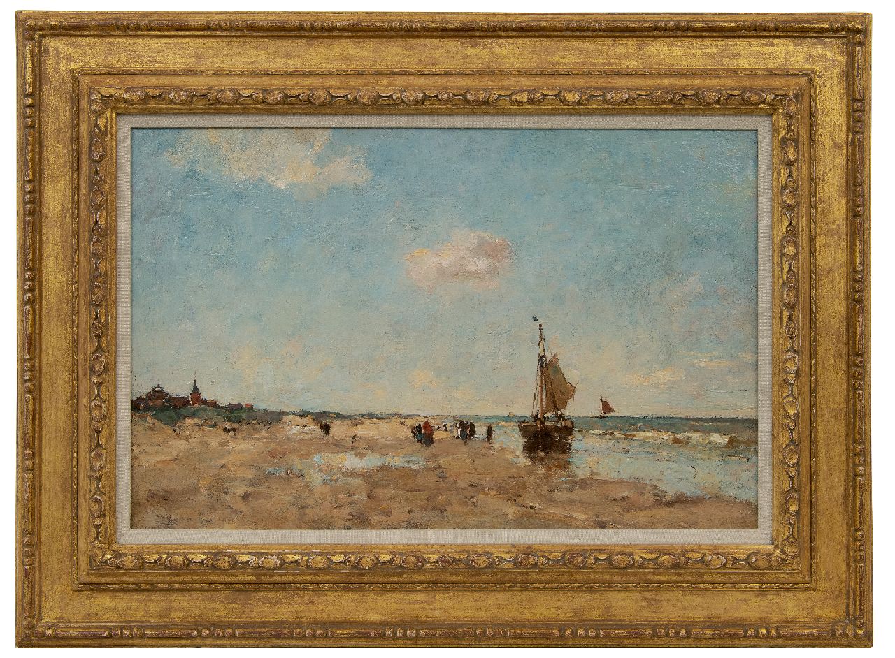 Stutterheim L.P.  | Lodewijk Philippus 'Louis' Stutterheim | Schilderijen te koop aangeboden | Een bom en vissersvrouwen op het strand van Scheveningen, olieverf op doek 35,3 x 55,1 cm