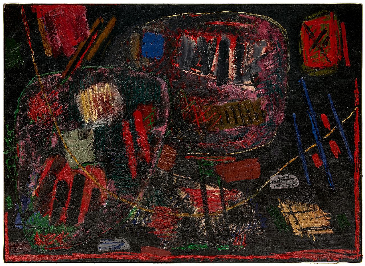 Hussem W.F.K.  | 'Willem' Frans Karel Hussem | Schilderijen te koop aangeboden | Zonder titel, olieverf op jute 95,1 x 130,0 cm, gesigneerd rechtsonder met initialen en gedateerd '58