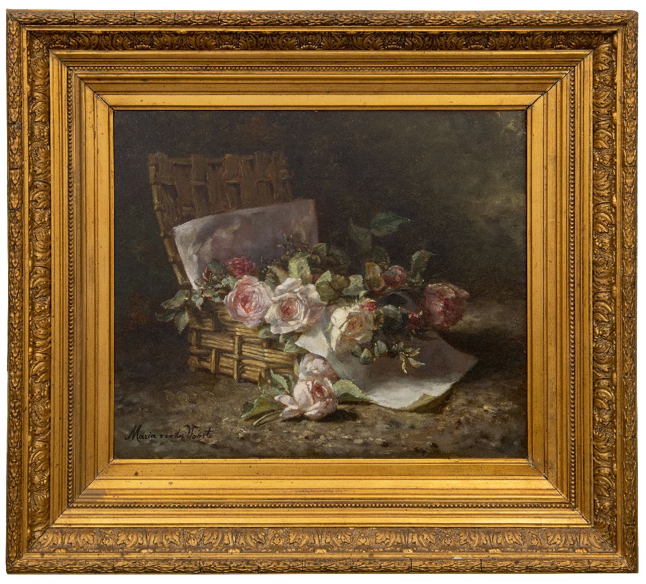 Voort in de Betouw-Nourney M. van der | Maria van der Voort in de Betouw-Nourney | Schilderijen te koop aangeboden | Rozen in een mand op de bosgrond, olieverf op doek 50,1 x 60,3 cm, gesigneerd linksonder