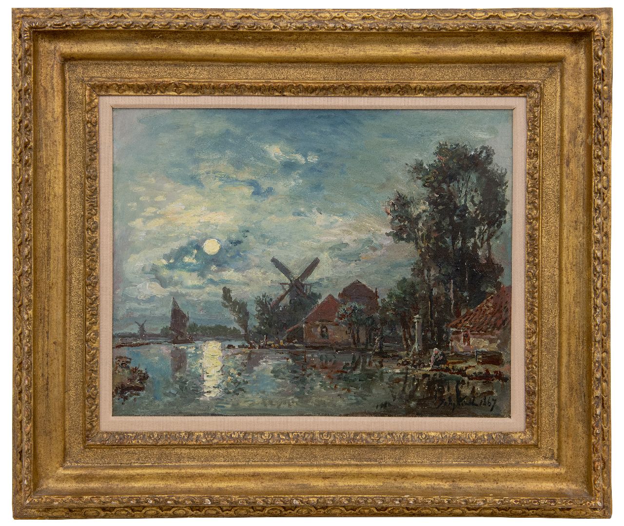 Jongkind J.B.  | Johan Barthold Jongkind | Schilderijen te koop aangeboden | Maanverlicht rivierlandschap, Holland, olieverf op doek 33,6 x 43,3 cm, gesigneerd rechtsonder en gedateerd 1867 Jongkind J.B.  | Johan Barthold Jongkind | Schilderijen te koop aangeboden | Maanverlicht rivierlandschap, Holland, olieverf op doek 33,6 x 43,3 cm, gesigneerd rechtsonder en gedateerd 1867
