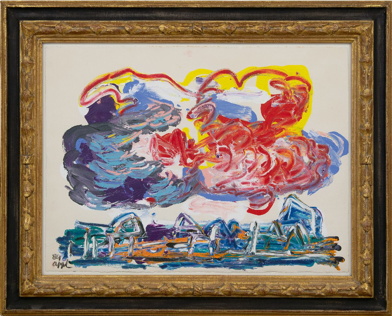 Appel C.K.  | Christiaan 'Karel' Appel | Schilderijen te koop aangeboden | Wolken boven huizen, acryl op papier 56,5 x 76,0 cm, gesigneerd linksonder en gedateerd '84