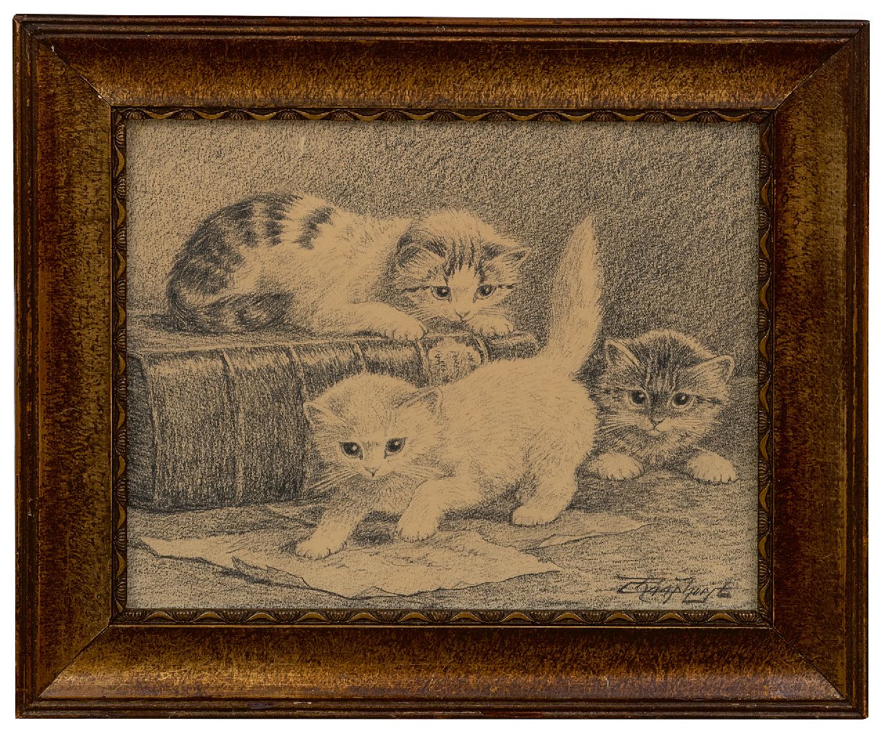 Raaphorst C.  | Cornelis Raaphorst | Aquarellen en tekeningen te koop aangeboden | Drie spelende jonge katjes, houtskool op papier 23,8 x 29,1 cm, gesigneerd rechtsonder