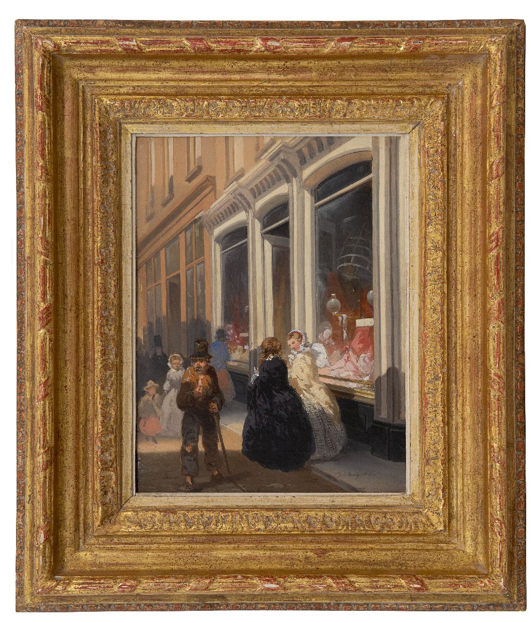 Breuhaus de Groot F.A.  | Frans Arnold Breuhaus de Groot | Schilderijen te koop aangeboden | Elegante vrouwen in een drukke winkelstraat, olieverf op paneel 33,0 x 25,0 cm, gesigneerd rechtsonder