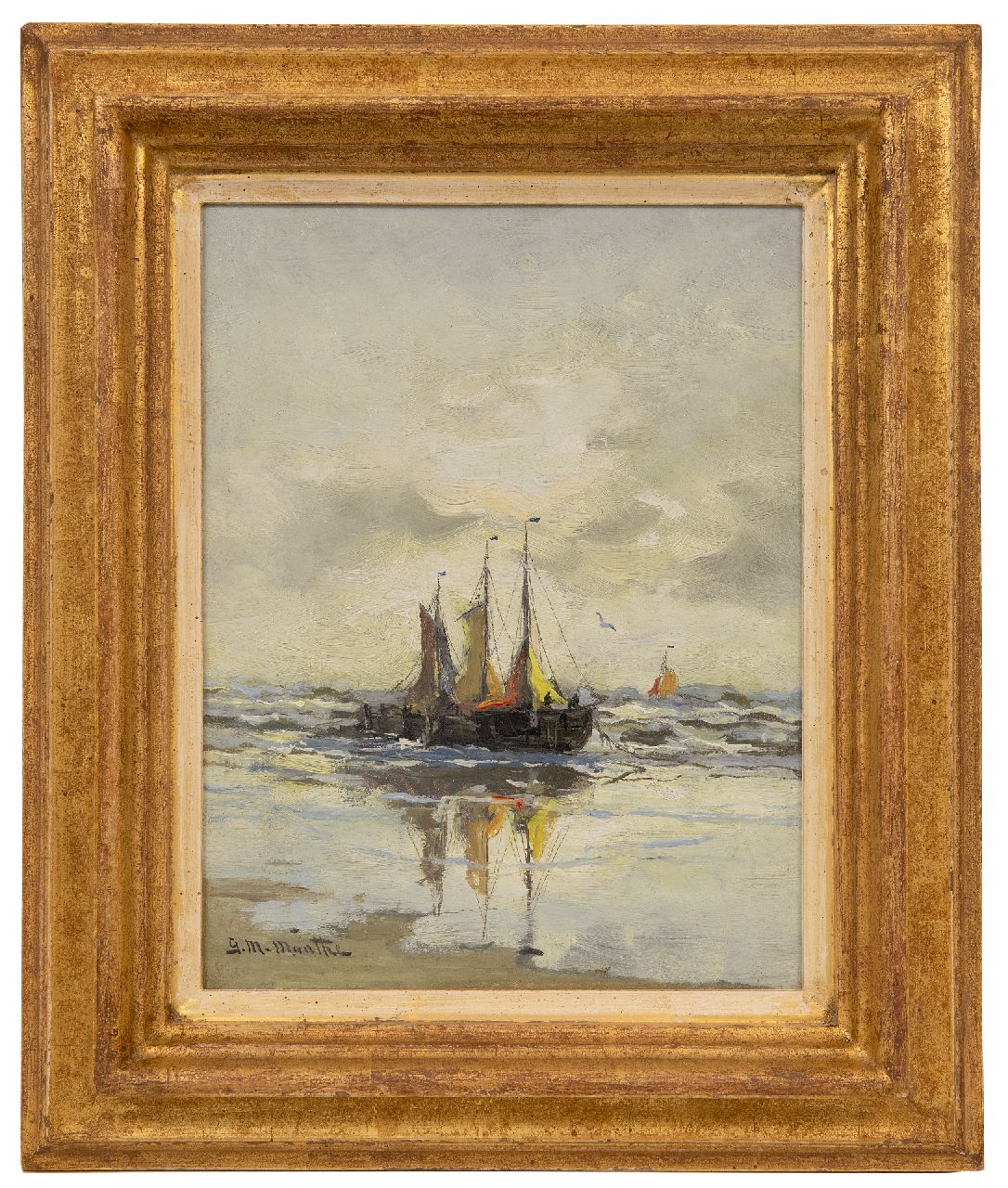 Munthe G.A.L.  | Gerhard Arij Ludwig 'Morgenstjerne' Munthe | Schilderijen te koop aangeboden | Drie bomschuiten in de branding, olieverf op paneel 24,5 x 18,7 cm, gesigneerd linksonder