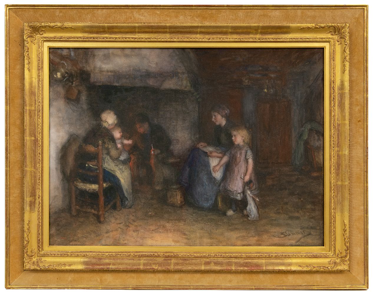 Blommers B.J.  | Bernardus Johannes 'Bernard' Blommers | Aquarellen en tekeningen te koop aangeboden | Vissersfamilie bij de haard, aquarel op papier 51,7 x 71,0 cm, gesigneerd rechtsonder Blommers B.J.  | Bernardus Johannes 'Bernard' Blommers | Aquarellen en tekeningen te koop aangeboden | Vissersfamilie bij de haard, aquarel op papier 51,7 x 71,0 cm, gesigneerd rechtsonder