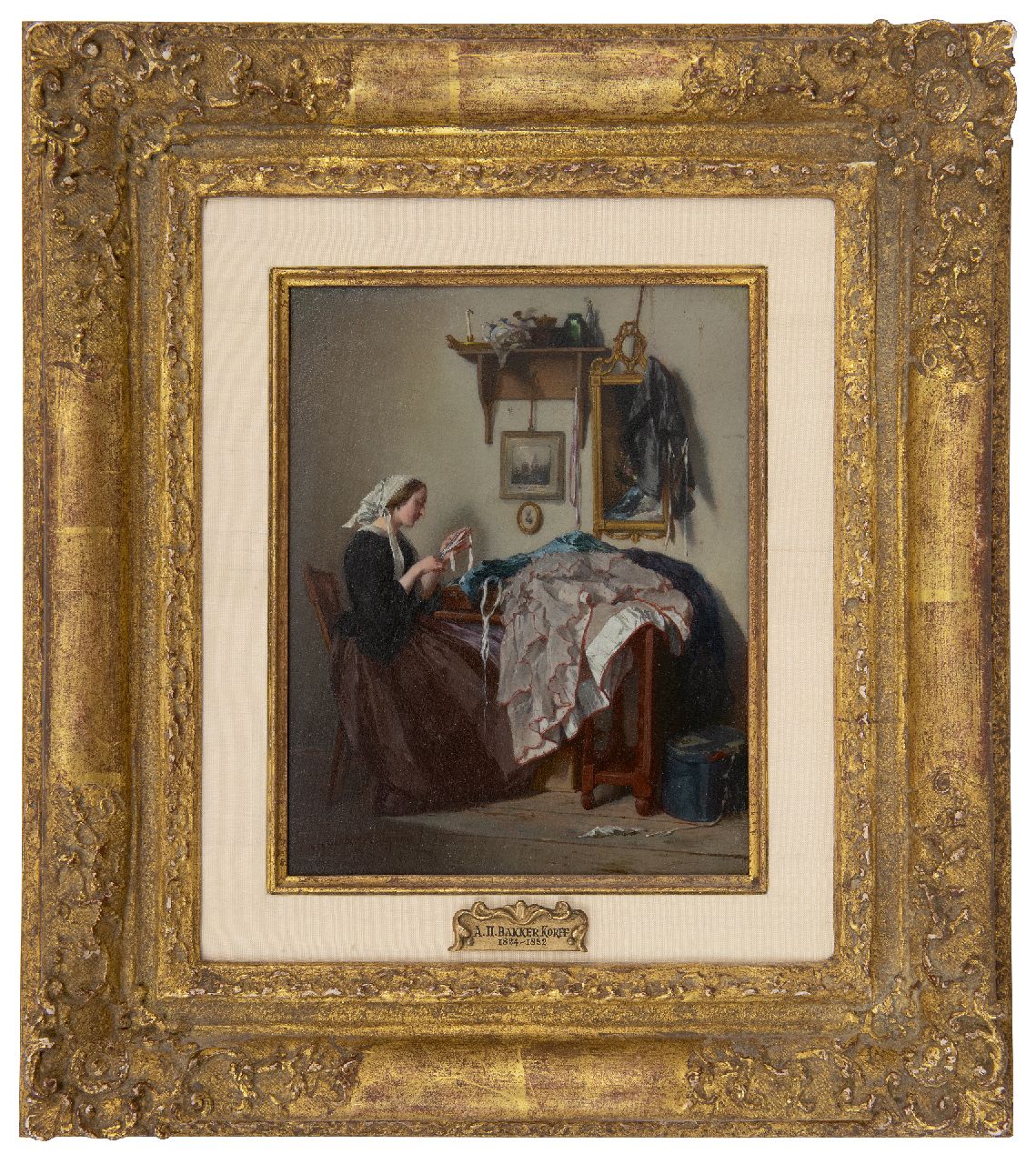 Bakker Korff A.H.  | Alexander Hugo Bakker Korff | Schilderijen te koop aangeboden | De jonge naaister, olieverf op paneel 18,5 x 14,4 cm, gesigneerd linksonder en te dateren ca. 1864