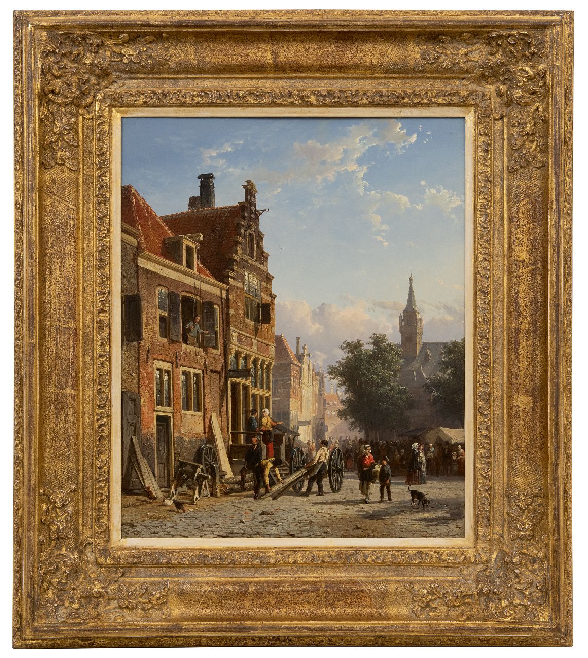 Springer C.  | Cornelis Springer, Bouwwerkzaamheden aan een Oudhollands huis, olieverf op paneel 42,0 x 34,5 cm, gesigneerd linksonder voluit en met monogram en te dateren ca. 1852-1857