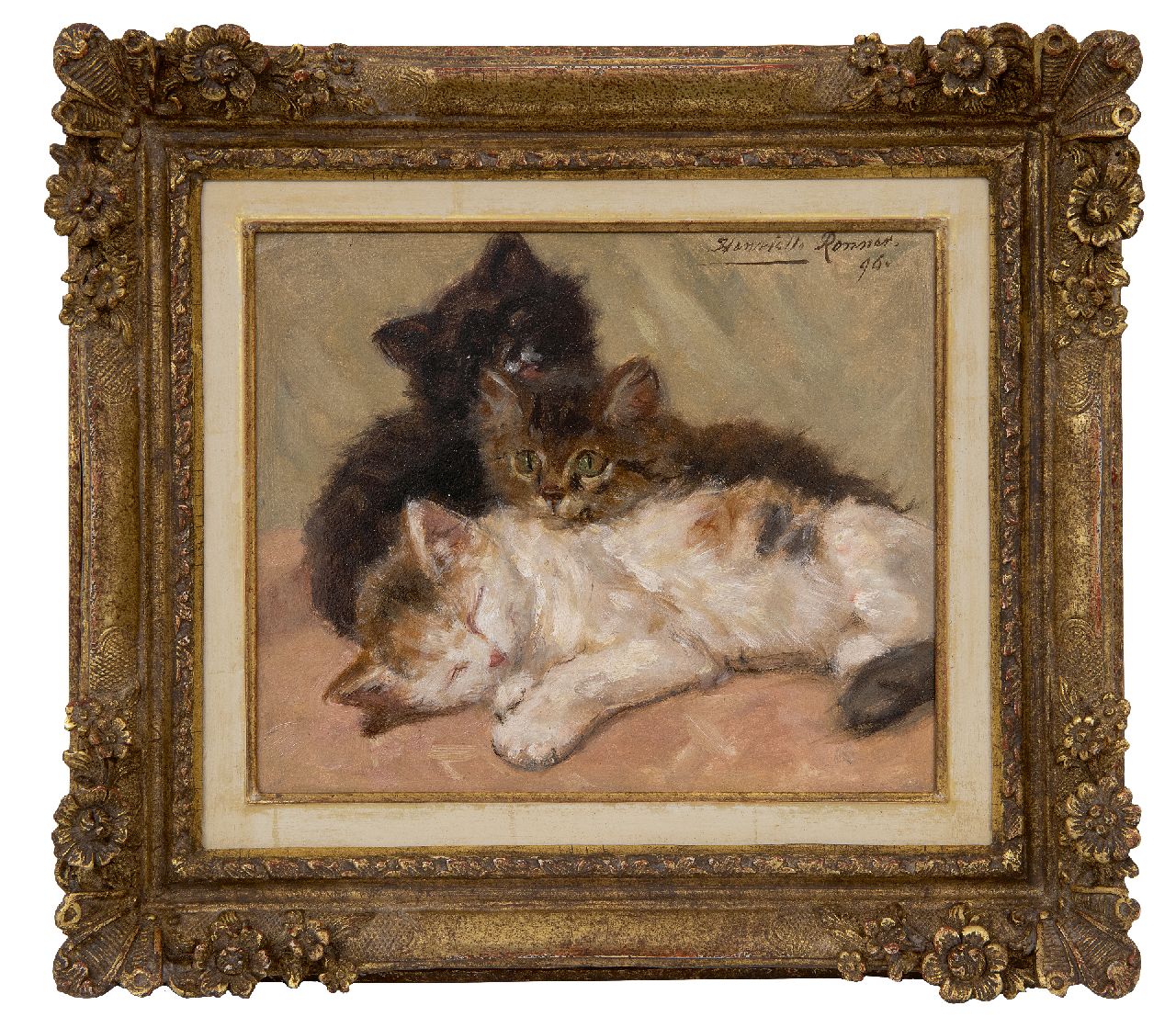 Ronner-Knip H.  | Henriette Ronner-Knip | Schilderijen te koop aangeboden | Drie kittens, olieverf op papier op paneel 19,0 x 22,5 cm, gesigneerd rechtsboven en gedateerd '96