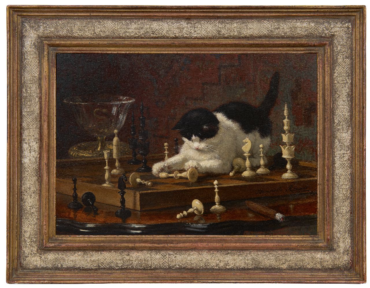 Ronner-Knip H.  | Henriette Ronner-Knip | Schilderijen te koop aangeboden | Poes, spelend met schaakstukken in 'Selenus stijl' -  inclusief deze schaakset., olieverf op paneel 32,6 x 45,2 cm, gesigneerd rechtsonder
