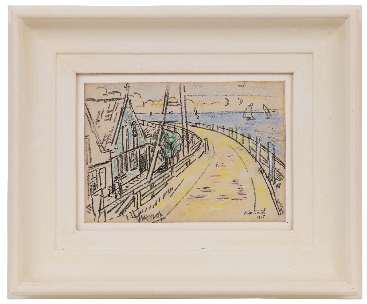 Toorop J.Th.  | Johannes Theodorus 'Jan' Toorop | Aquarellen en tekeningen te koop aangeboden | Oudeschild, Texel, gekleurd krijt op papier 13,0 x 18,0 cm, gesigneerd linksonder en gedateerd 1917