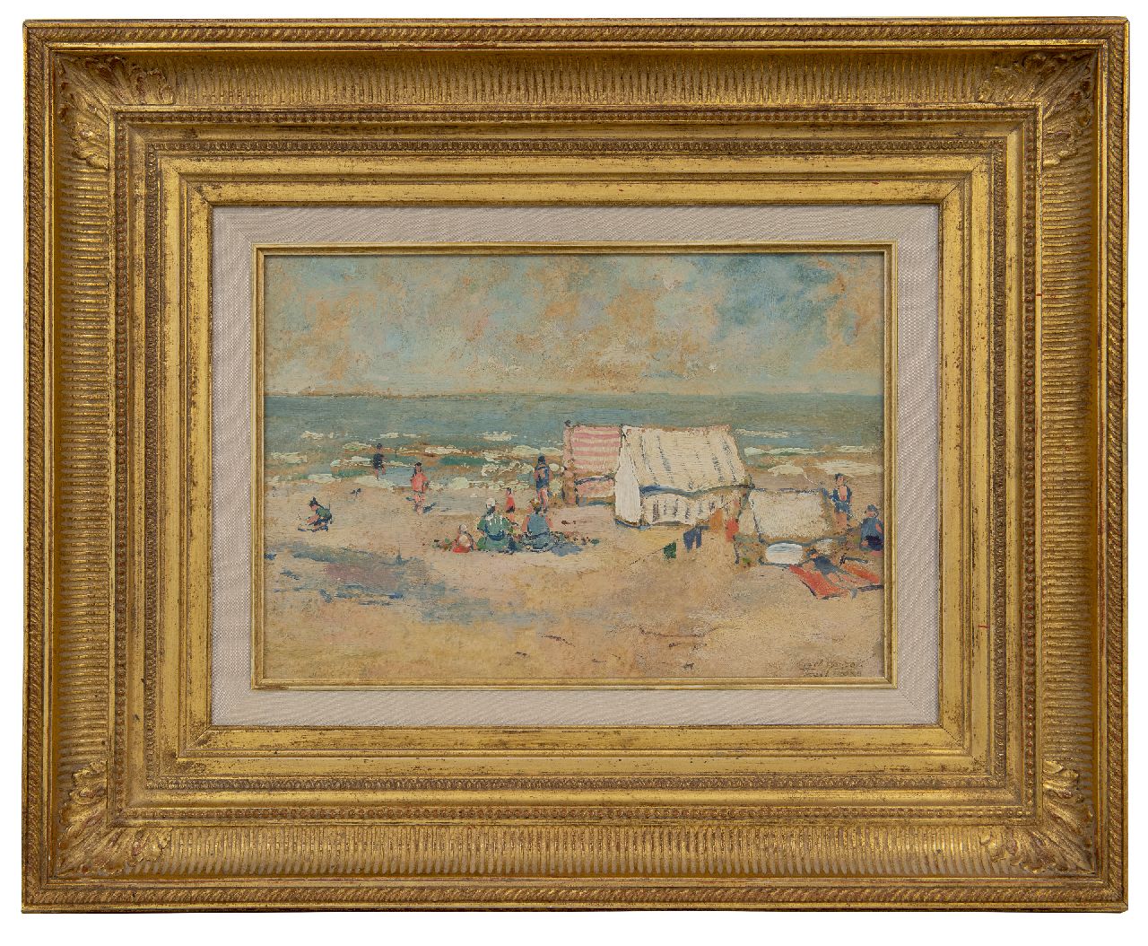Houbolt E.  | 'Eduard' Johannes Fredericus Houbolt | Schilderijen te koop aangeboden | Badgasten op het stille strand, Scheveningen, olieverf op paneel 22,4 x 31,6 cm, gesigneerd rechtsonder en gedateerd 1939