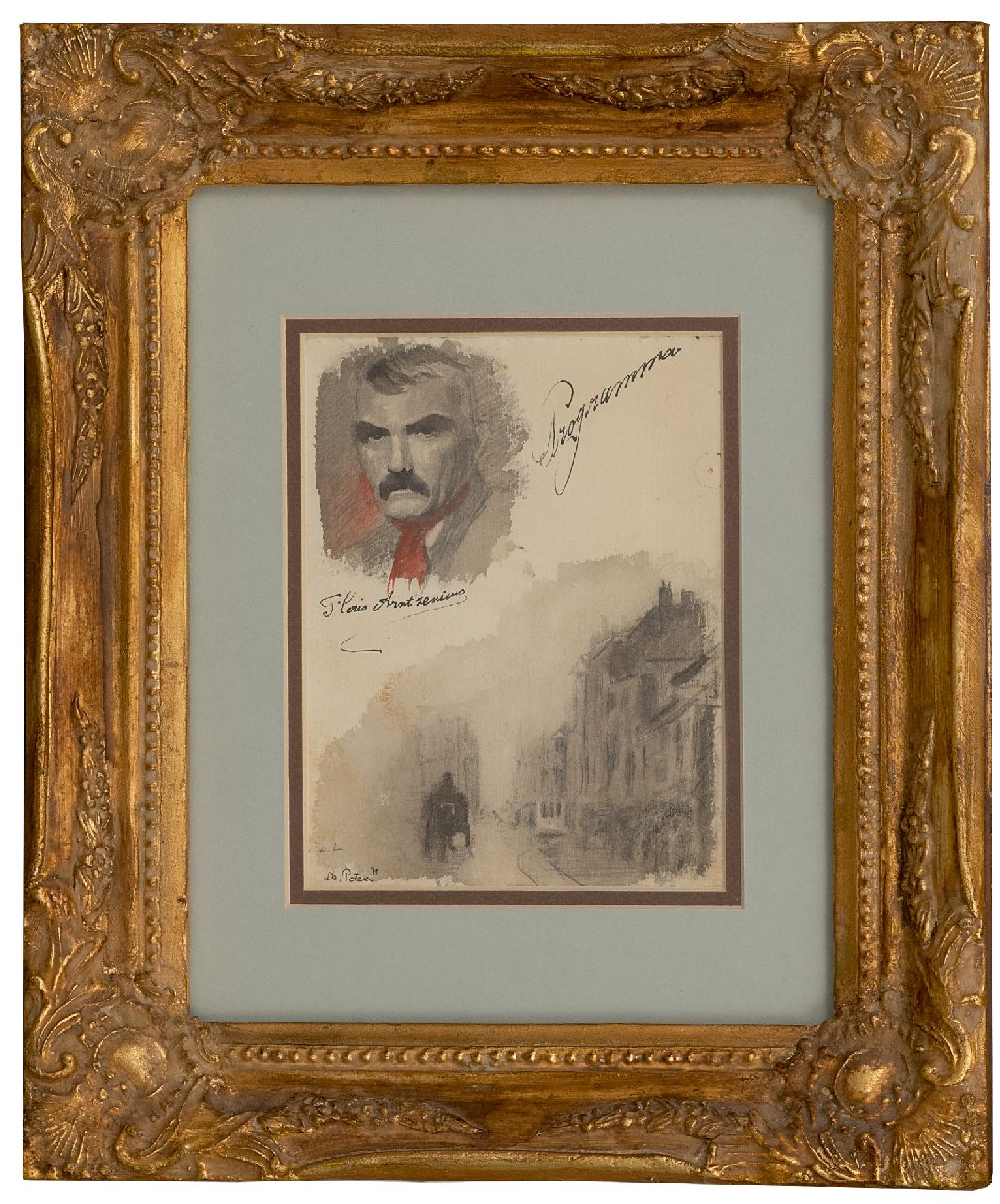 Arntzenius P.F.N.J.  | Pieter Florentius Nicolaas Jacobus 'Floris' Arntzenius, Blad met zelfportret en schets van de Lange Poten, Den Haag, potlood, inkt en aquarel op papier 15,7 x 12,4 cm, gesigneerd links van het midden