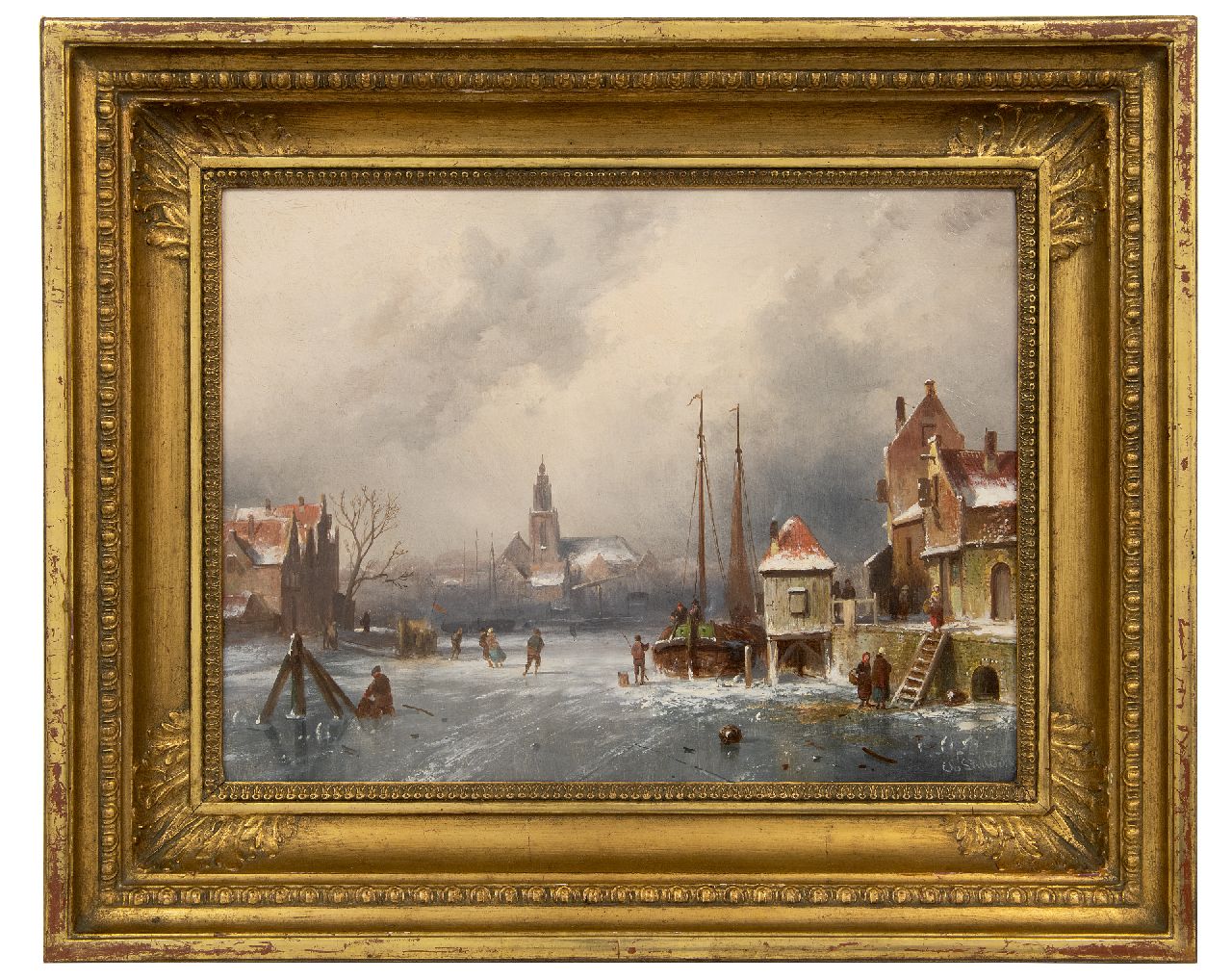 Leickert C.H.J.  | 'Charles' Henri Joseph Leickert | Schilderijen te koop aangeboden | Winters stadsgezicht met schaatsers en koek-en-zopietent, olieverf op paneel 31,6 x 41,0 cm, gesigneerd rechtsonder