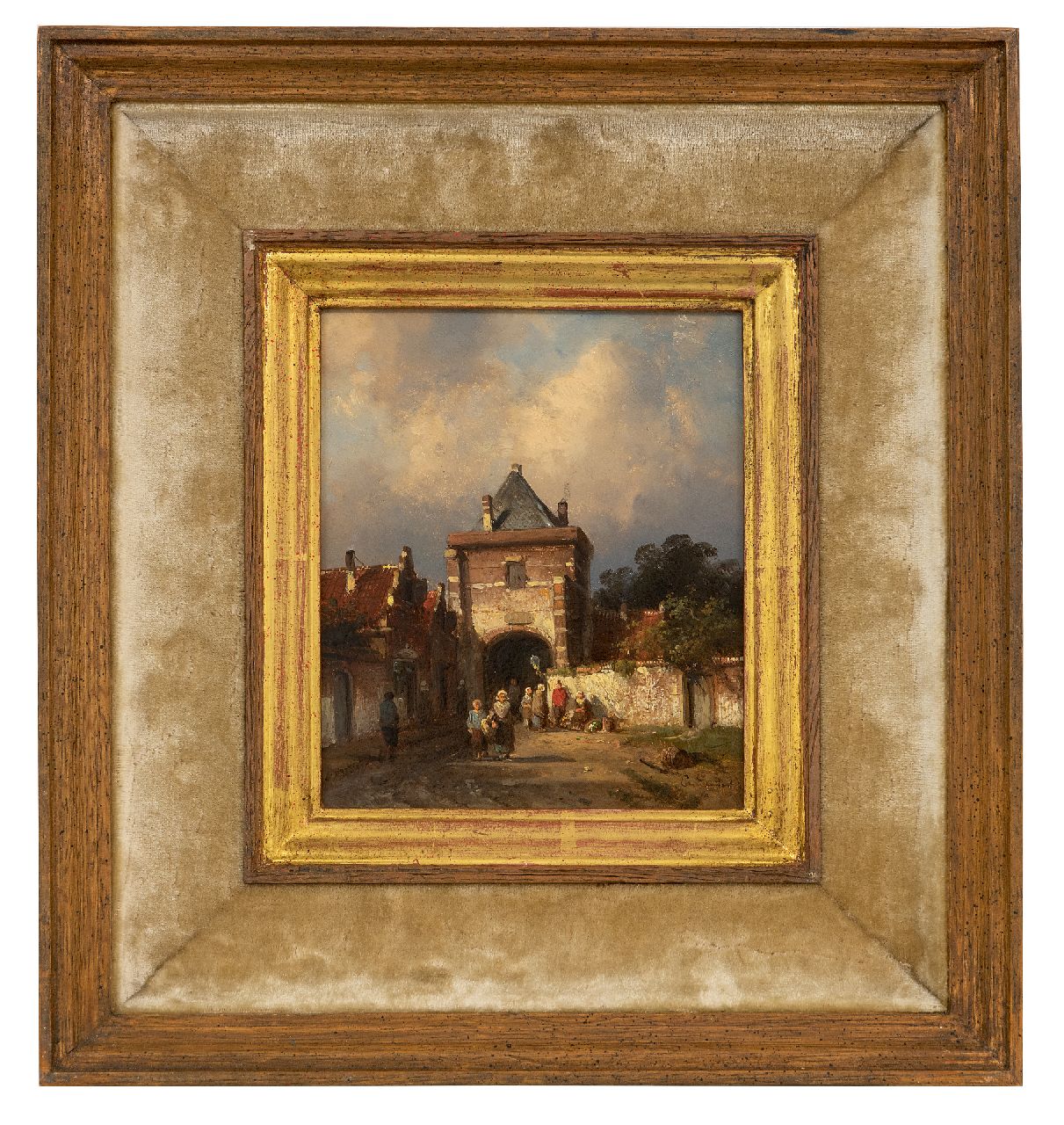 Leickert C.H.J. | 'Charles' Henri Joseph Leickert | Schilderijen te koop aangeboden | Hollandse stadspoort met figuren bij een groenteverkoopster, olieverf op paneel 16,3 x 13,8 cm, gesigneerd rechtsonder Leickert C.H.J. | 'Charles' Henri Joseph Leickert | Schilderijen te koop aangeboden | Hollandse stadspoort met figuren bij een groenteverkoopster, olieverf op paneel 16,3 x 13,8 cm, gesigneerd rechtsonder
