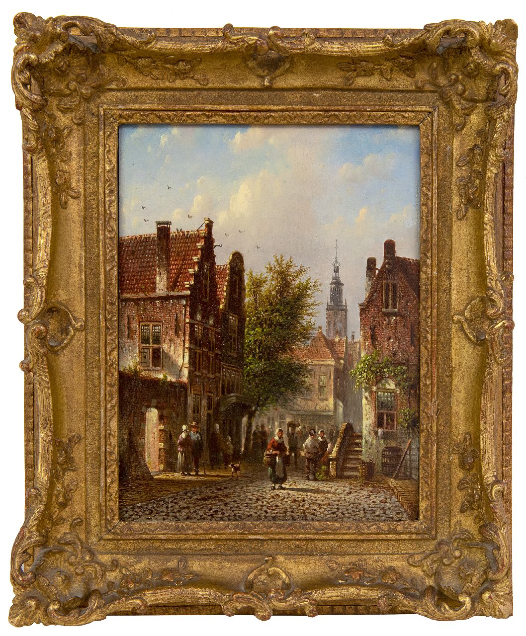 Spohler J.F.  | Johannes Franciscus Spohler | Schilderijen te koop aangeboden | Zomers stadsgezicht met de toren van de Haarlemse Bakenesserkerk (pendant van winter), olieverf op paneel 20,9 x 15,8 cm, gesigneerd linksonder