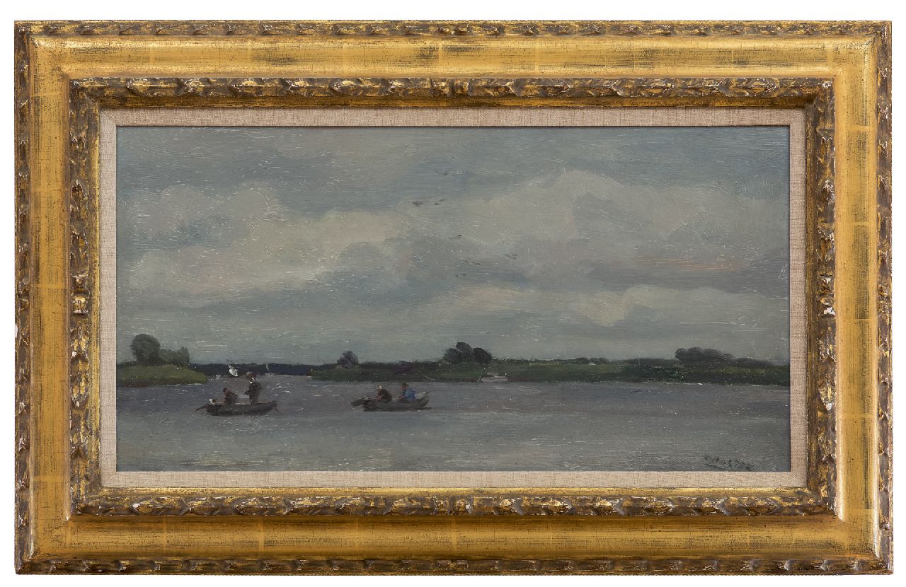 Noltee B.C.  | Bernardus Cornelis 'Cor' Noltee, Vissers in bootjes met buitenboordmotor op het Wantij, Dordrecht, olieverf op schildersboard 29,0 x 55,2 cm, gesigneerd rechtsonder