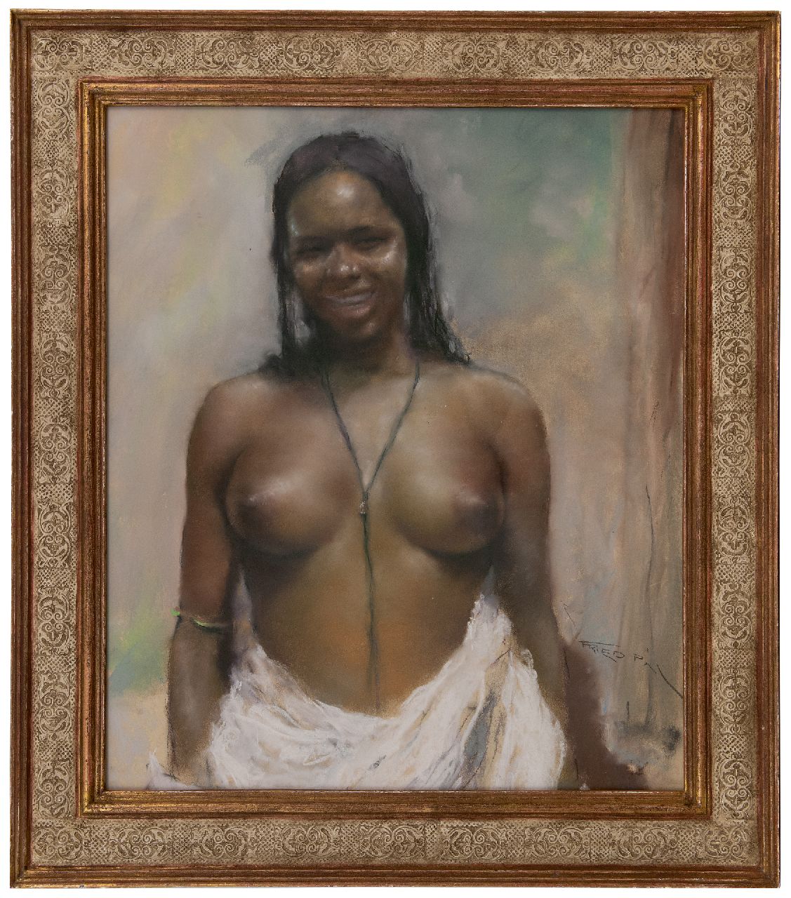 Fried P.  | Pal Fried | Aquarellen en tekeningen te koop aangeboden | Lachend half-naakt, pastel op papier 79,9 x 68,4 cm, gesigneerd rechtsonder